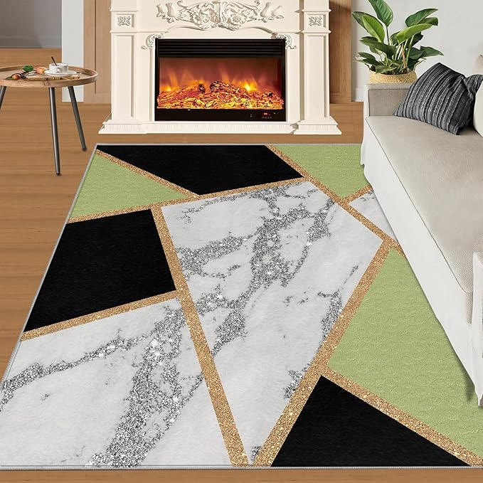 Black Gold Marble Carpet Geometric Marble Rugs for Bedroom Light Luxury Geometric Line Rug Modern Minimalist Indoor Carpet for Living Room Home Decor 5x6ft