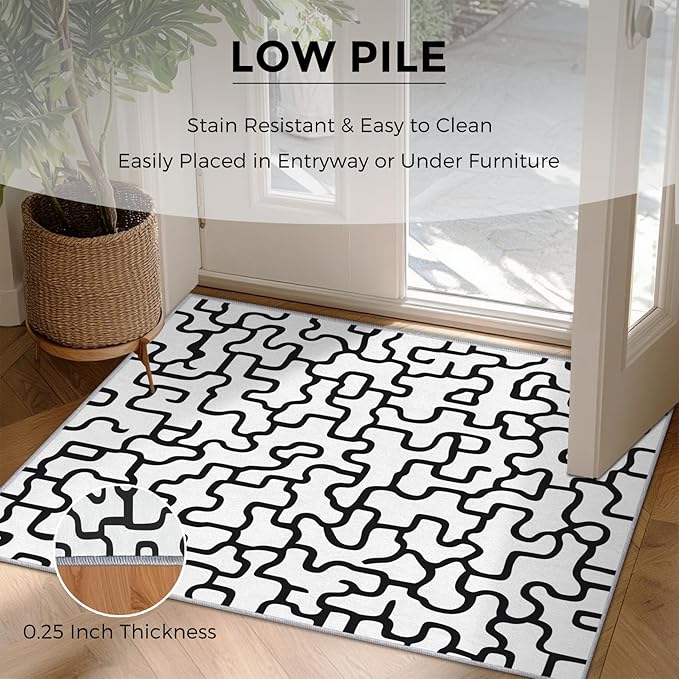 Abstract Geometric Rugs for Home Decor, 7x9 ft, Black and White Labyrinth Area Rugs for Living Room, Soft Non Slip Washable Modern Abstract Line Carpet Bedroom Decorations Dt-Ghf-31