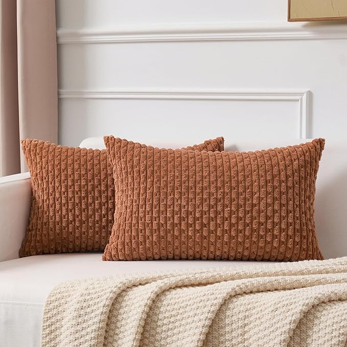 Kevin Textile Decorative Pillow Covers Set of 2 Striped Plush Corduroy Rectangle Lumbars Boho Home Decor Cushion Covers for Couch Sofa Bed Living Room 12x20 Inch, Burnt Orange