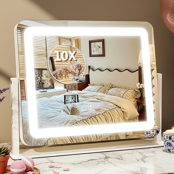 HNV 16"x12" Vanity Mirror with Lights, Hollywood Lighted Makeup Mirror with 10X Magnification, Smart Touch Control, 3 Color Dimmable LED, Square Frame Tabletop or Bathroom Dresser Mount (White)