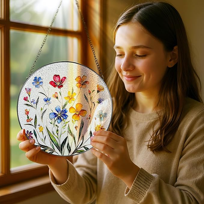 Wildflower Stained Glass Suncatcher, Stained Glass Window Hanging, 8 Inch Wildflower Window Decor, Suncatcher, Florist Gift, Gift for Flower Lovers