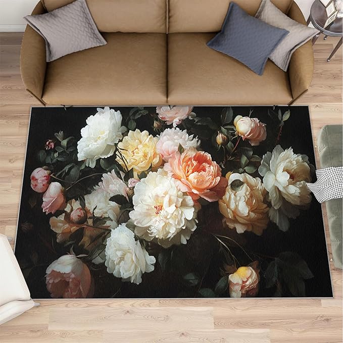 Flowers 2x3 Area Rugs for Living Room Peony Washable Rug Rustic Flowers Rug Non Slip Low Pile Soft Area Rugs for Bedroom Bedside Dining Room Kids