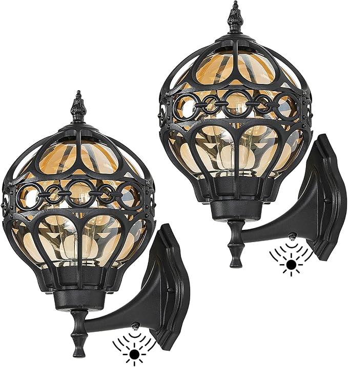 Dusk to Dawn Outdoor Wall Lights, Black Globe Aluminum Exterior House Lantern with Amber Glass, Anti-Rust Waterproof Outside Round Wall Lighting Fixtures for Patio Doorway Garage, 2 Pack