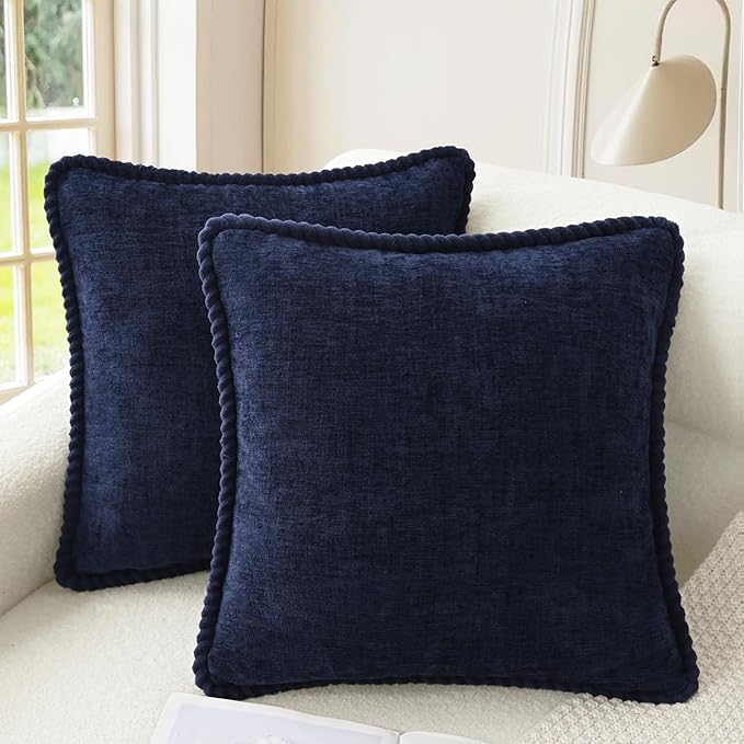 CaliTime Decorative Couch Throw Pillow Covers 18 X 18 Inches Pack of 2 Cozy Chenille Piping Edge Cushion Cases for Sofa Bed Living Room Home Navy Blue
