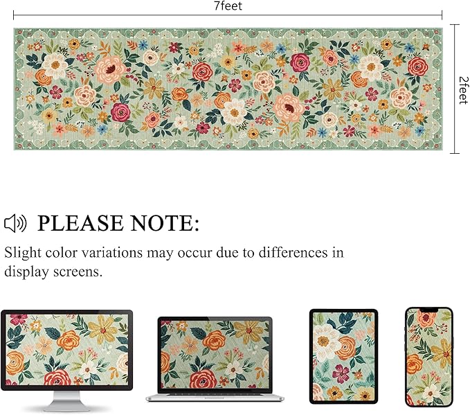 DUKINO Runner Rug, 2x7 Boho Kitchen Rug for Hallways with Low Pile Design, Washable Non Slip Backing Soft Floral Runner for Kitchen, Hallway, Entryway, Bedroom, Laundry, Green