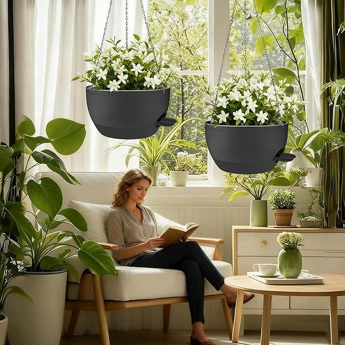 2 Pack Hanging Planters for Indoor Outdoor Plants, 12 Inch Self Watering Hanging Pot with Drainage Holes and Saucer, Plastic Plant Pots, Black Flower Pots for Kitchen, Balcony, Garden