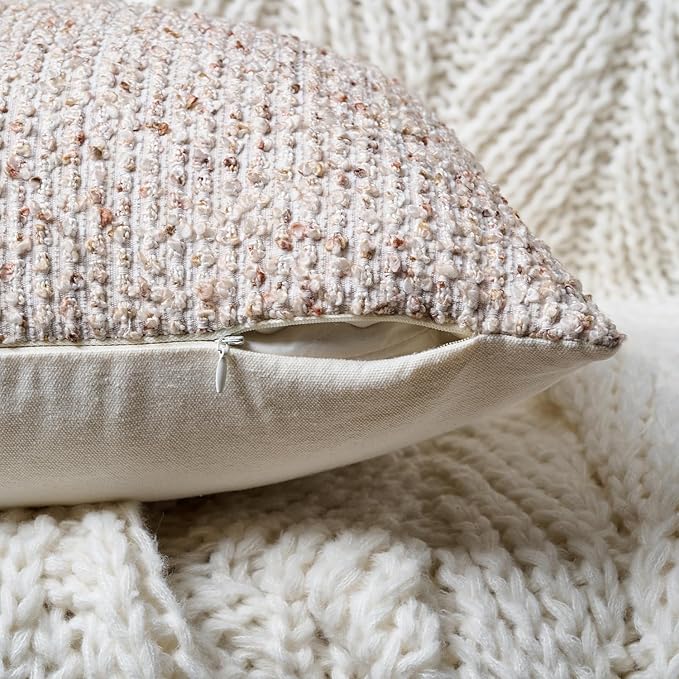 22x22 Beige Throw Pillow Cover Textured Boucle Striped Chic Morden Boho Accent Farmhouse Square Decorative Couch Pillow Cover for Home Decor Bed Sofa Living Room