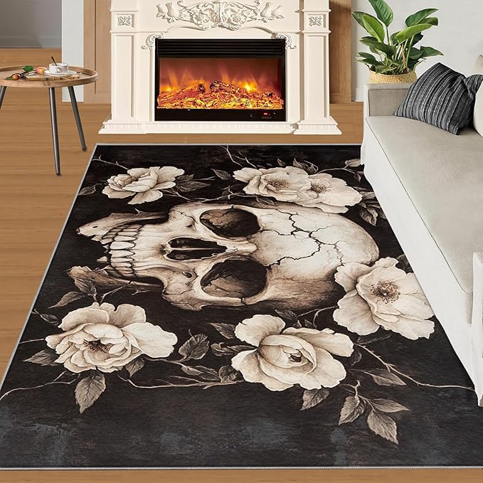 Skull Washable Rugs 5x6 Rug for Living Room, Floral 5x6 Rug Gothic Low-Pile Carpet for Bedroom Dining Non Slip Mat with Rubber Back