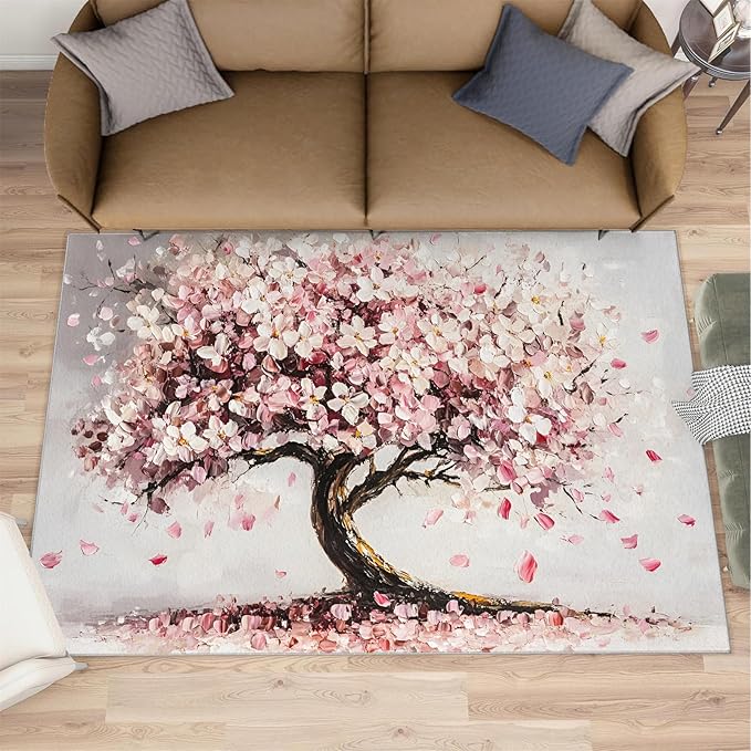 Graffiti Tree Washable Rugs 2x3 Rug for Living Room, Pink Petals 2x3 Rug Oil Painting Art Low-Pile Carpet for Bedroom Dining Non Slip Mat with Rubber Back