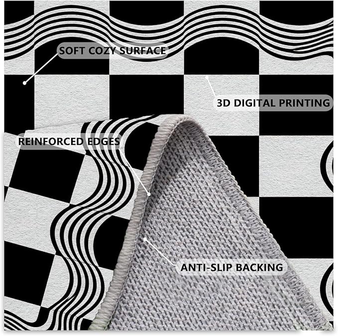 Checkered Area Rug, Checkerboard Rug, Geometric Plaid Washable Rugs 2x3, Modern Checkered Area Rugs, Wavy Line Carpet Non Slip for Bedroom Retro Home Decor Door Mat