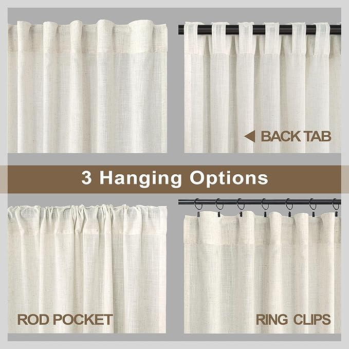 Pitalk Cream Curtains 80 Inch Length for Living Room 2 Panels Back Tab Rustic Modern Farmhouse Privacy Semi Sheer Linen Drapes Pleated Curtains for Bedroom 52x80 Long Curtain Off White Ivory Colored