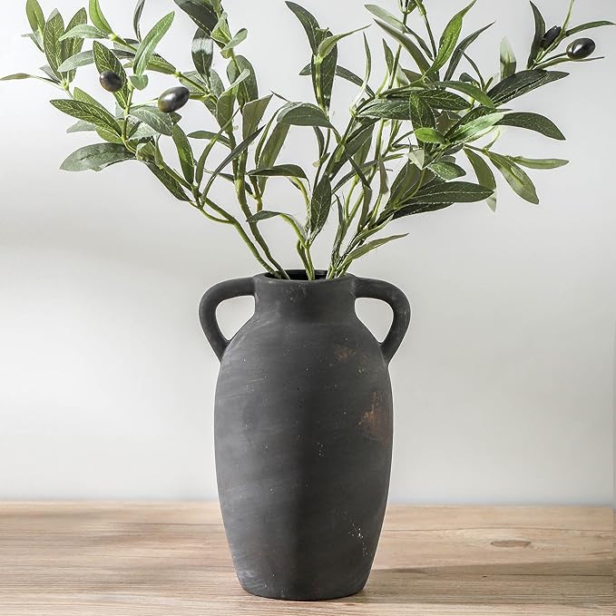 Terracotta Farmhouse Flower Vase, 9.6 Inch Ceramic Rustic Vase with 2 Handles, Decorative Vase Boho Decor for Home Decor, Table, Living Room, Shelf Decoration