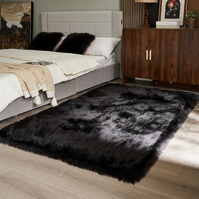 AMTOVO Faux Fur Sheepskin Rug for Living Room, 4 x 6 ft Black Fluffy Area Rug for Bedroom, Playroom, Luxury Room Decor, Rectangle