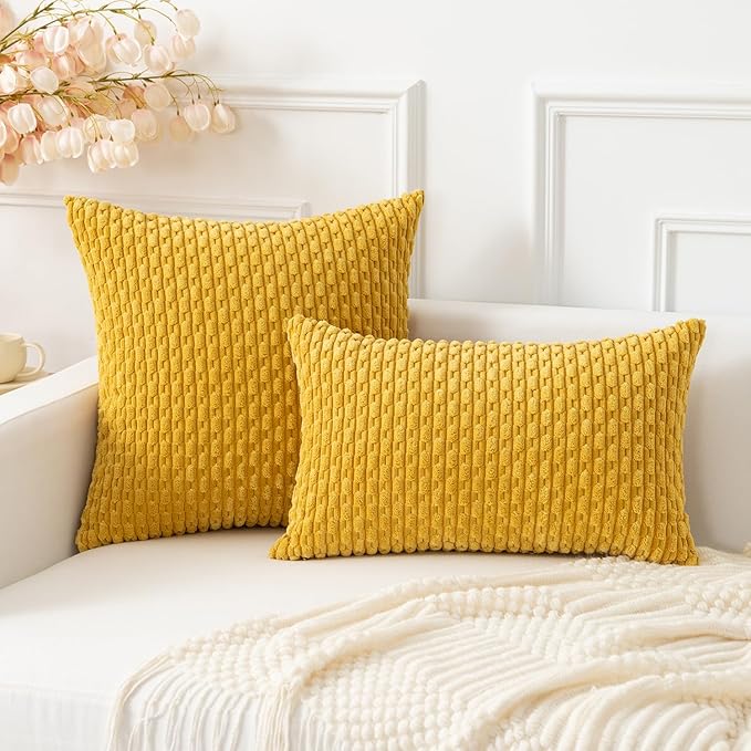 Kevin Textile Throw Pillow Covers Soft Corduroy Decorative Set of 2 Boho Striped Pillow Covers Pillowcases Farmhouse Home Decor for Couch Bed Sofa Living Room 16x16 Inch Mustard Yellow