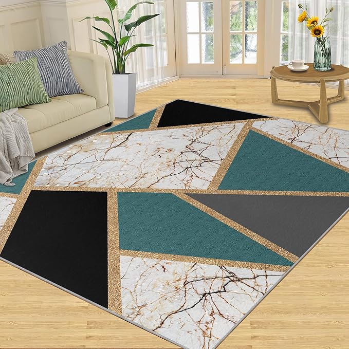 Emerald Green Marble Rug Modern Geometric Marble Area Rugs Light Luxury Geometric Striped Carpet Vintage Stone Crack Rug for Bedroom Living Room 2x3ft