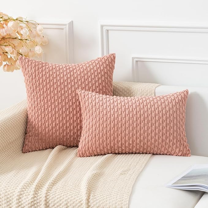 Kevin Textile Throw Pillow Covers Soft Corduroy Decorative Set of 2 Boho Striped Pillow Covers Valentines Day Pillowcases Farmhouse Home Decor for Couch Bed Sofa Living Room 22x22 Inch Baby Pink