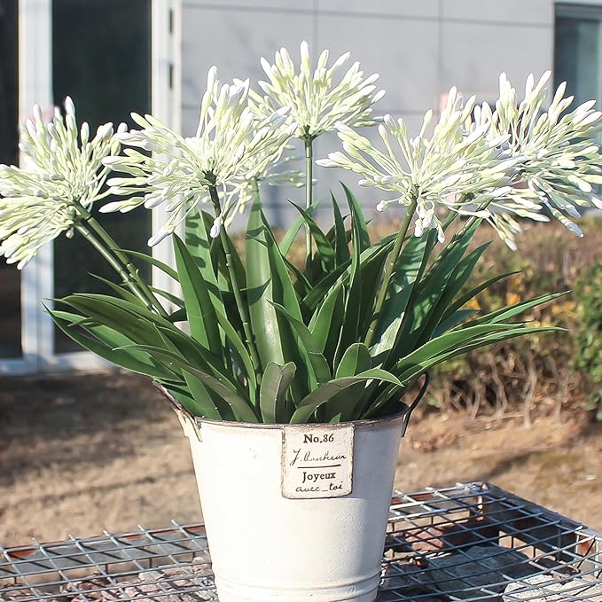Outdoor Flowers Artificial for Porch 18.9 in Fake Agapanthus Plants 8 Bundles Plastic White Flower Large Faux Greenery for Outside Planter Yard Patio Decor