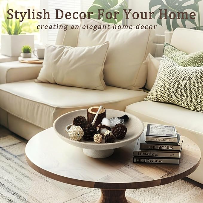 Modern Resin Pedestal Decorative Bowl, Large Fruit Bowl for Kitchen Counter, Stylish Key Bowl for Entryway Table, Beige