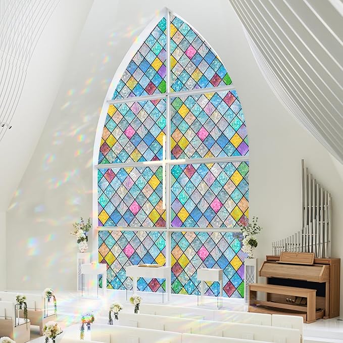 rabbitgoo Stained Glass Window Film Rainbow Film Decorative 3D Privacy Sticker Colorful Lattice Window Decals Cling, Sun Catcher Static Decals for Home 23.6"×157.4"