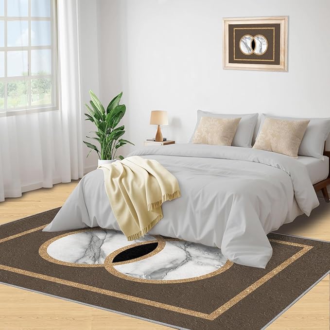 Brown Marble Bedroom Rug Vintage Mid-Century Geometric Rug Marble Pattern Decor Rugs Circle Rectangle Gilded Geometry Floor Mat Elegant Decor for Living Room 8x10ft