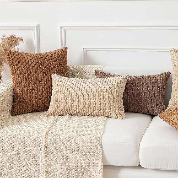 Kevin Textile Throw Pillow Covers Soft Corduroy Decorative Set of 2 Boho Striped Pillow Covers Pillowcases Farmhouse Home Decor for Couch Bed Sofa Living Room 12x20 Inch Khaki
