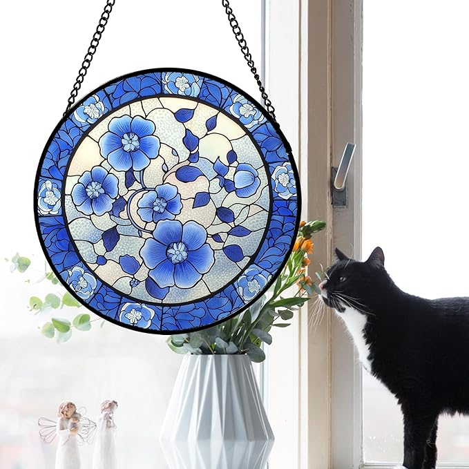 Stained Glass Window Hanging, Blue and White Plum Blossom Sun Catcher for Door Home Decor Flowers Suncatcher Christmas Mother's Day Birthday Gifts for Women Men Mom and Nana 15 in