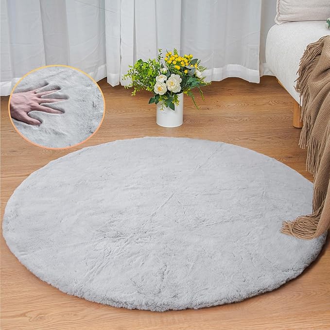 Grey Round Rug 3ft Machine Washable Shaggy Area Rugs for Living Room Faux Bunny Fluffy Fur Rug for Bedroom Small Circle Nursery Rug