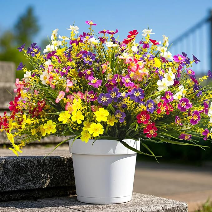 24 Bundles Artificial Faux Flowers Outdoor Plants for Autumn Summer Decoration,Fake Silk Realistic UV Resistant Colorful Daisy for Outside Home Porch Patio Balcony Yard Decor