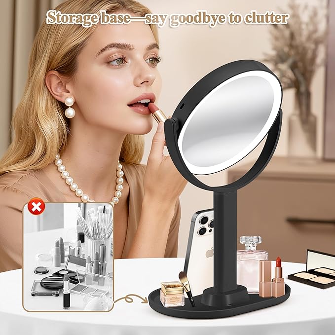 Makeup Mirror with Lights, Double Sided 1x/20x Magnifying Mirror with Light, Rechargeable 3 Color Lights and Adjustable Brightness, 360° Rotation Detachable Comes with Tweezer(Black)