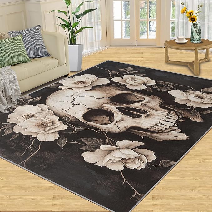 Skull Washable Rugs 5x7 Rug for Living Room, Floral 5x7 Rug Gothic Low-Pile Carpet for Bedroom Dining Non Slip Mat with Rubber Back