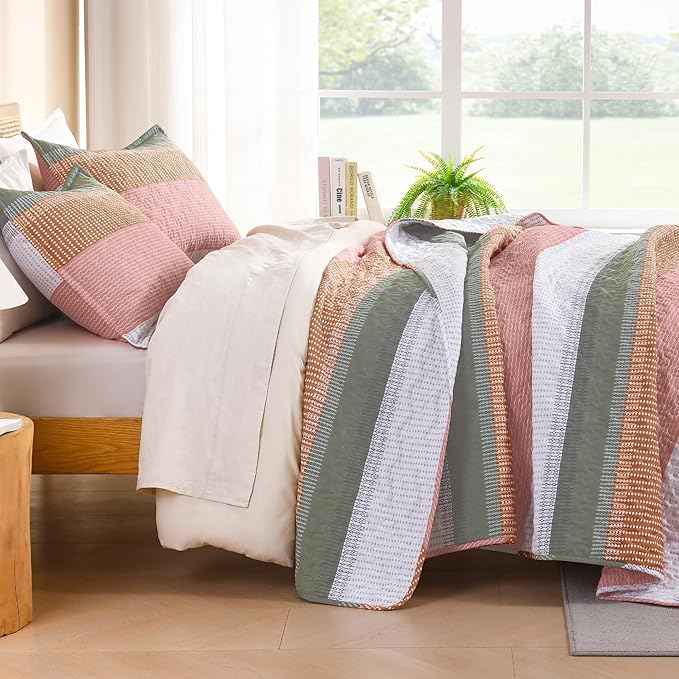 Litanika Quilt Queen Size Pink, Green and White, Orange Stripe Patchwork Summer Bedspread Coverlet 3 Pieces, Soft Lightweight Microfiber Comforter Bedding Set for All Season(1 Quilt, 2 Pillowcases)