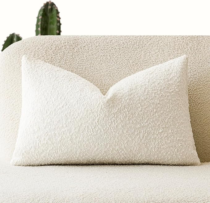 Foindtower Textured Boucle Throw Pillow Covers Accent Solid Lumbar Pillow Cases Cozy Soft Decorative Couch Cushion Case for Chair Sofa Bedroom Living Room Home Decor, 12 x 20 Inch,White