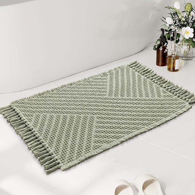 H.VERSAILTEX Waffle Bath Mat Super Absorbent Boho Bath Mat Non Slip Bath Rugs for Bathroom Floor Machine Washable Dry Fast Bathroom Rugs with Handmade Tassels, 20" x 32", Sage