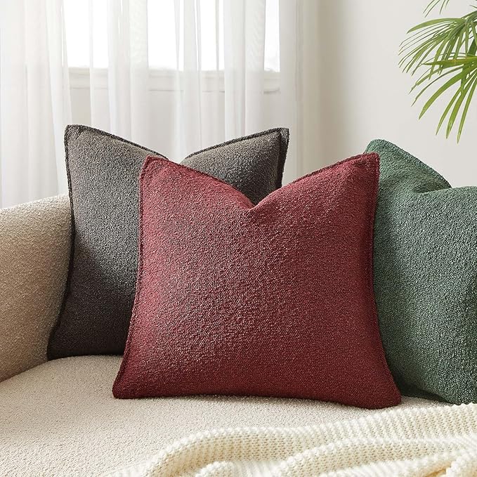 JUSPURBET Throw Pillow Covers Set of 2 Decorative Pillow Covers for Couch Sofa Bed Cozy Boucle Textured Cushion Covers Cases with Invisible Zipper for Living Room Home Decor 16x16,Burgundy