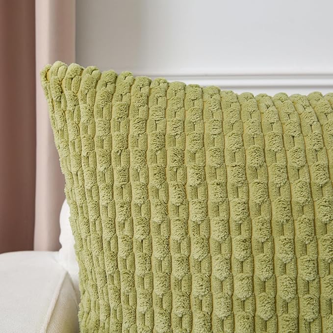 Kevin Textile Spring Decorative Pillow Covers Set of 2 Striped Plush Corduroy Rectangle Lumbars Boho Home Decor Cushion Covers for Couch Sofa Bed Living Room 12x20 Inch, Grass Green