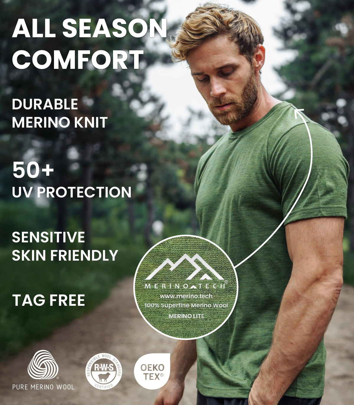Merino.tech Merino Wool T-Shirt Mens - 100% Merino Wool Undershirt Lightweight Base Layer (Woodland Grey Blue, Small)