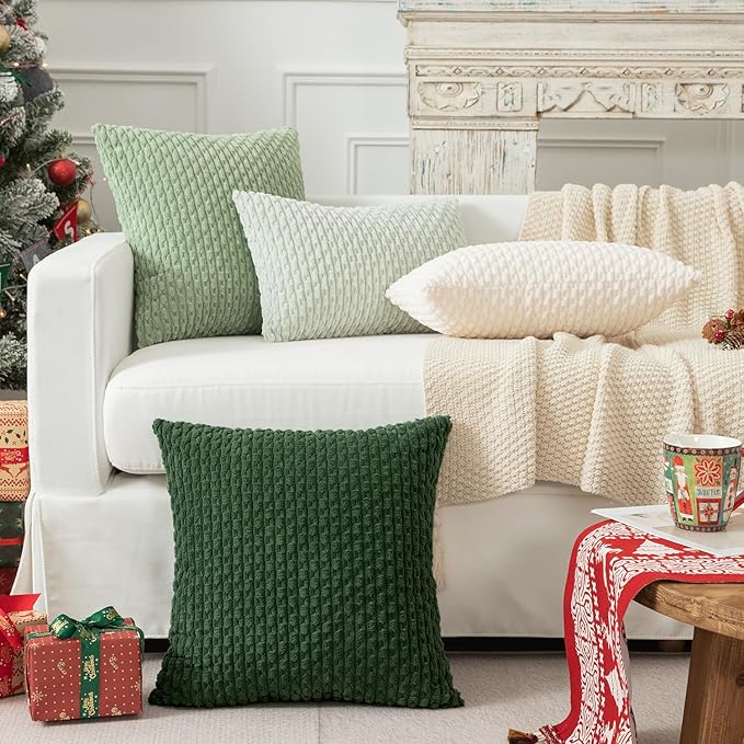 Kevin Textile Christmas Velvet Corduroy Boho Throw Euro Pillow Sham Cushion Cover for Bed 2 Pcs 16 x 16 Inch (40 x 40 cm) Dark Green