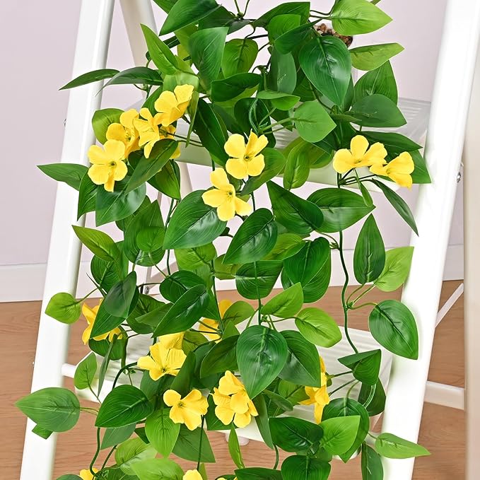 BLEUM CADE Artificial Hanging Flowers for Outdoors, 4pcs Fake Hanging Plants Pothos Vines with Yellow Flowers for Wall Home Living Room Indoor Outdoor Decor (No Baskets)