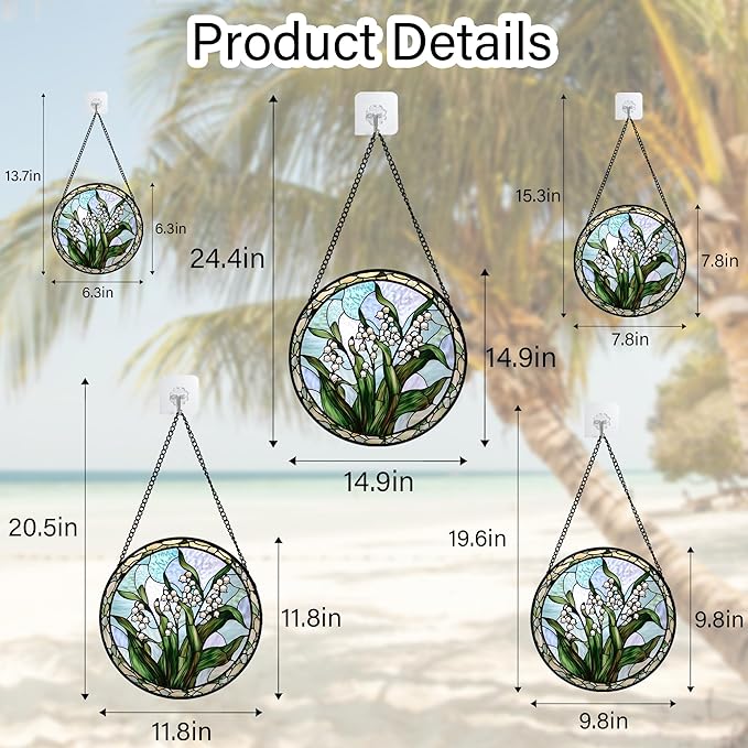 Stained Glass Window Hanging, White Green Lily of The Walley Flowers Sun Catcher for Door Home Decor Plants Suncatcher Christmas Mother's Day Birthday Gifts for Women Men Mom Nana 15 in