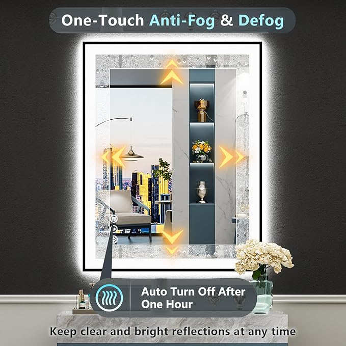 30"x36" Black Framed LED Bathroom Mirror with Lights, Backlit & Front Lit, Anti-Fog Lighted Vanity Mirrors for Bathroom Wall, Dimmable, 3 Colors, Memory, Shatter-Proof, Tempered Glass, CRI＞90
