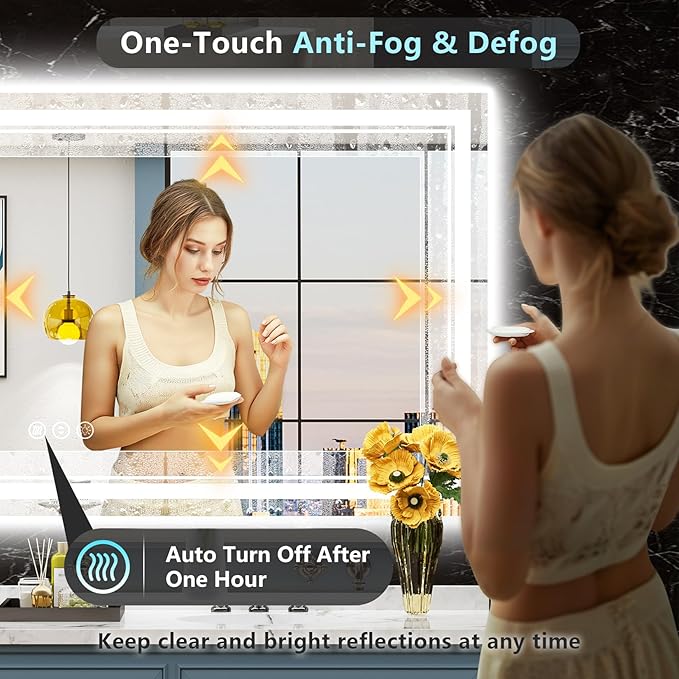 72x40 LED Bathroom Mirror with Lights, Backlit & Front Lit, Anti-Fog Frameless Lighted Vanity Mirrors for Bathroom Wall, Dimmable, 3-Color Light, Memory, Shatter-Proof, Tempered Glass, CRI＞90