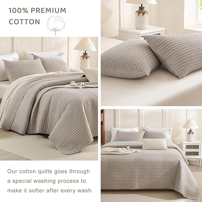 Sanracie Stonewashed Cotton Coverlet Oversized King(120"x120"), Linen Colored Cross Stitch Pattern California King Quilt Sets 3Pcs Ultra Soft Lightweight Crinkle Bed Coverlet Set for All Season
