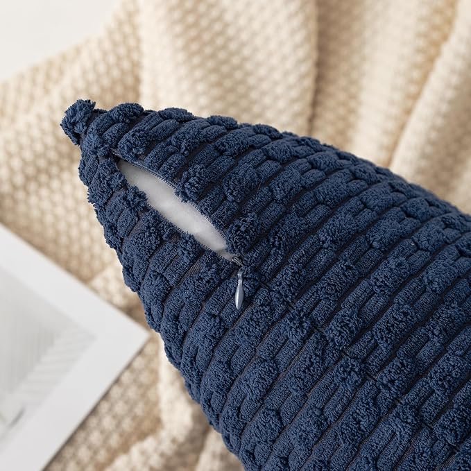 Kevin Textile Euro Sham Pillow Covers 28x28 Inch 2 Packs Soft Boho Striped Corduroy Decorative Throw Pillows for Living Room Couch Bed Sofa Rustic Farmhouse Home Decor 71x71cm Navy Blue