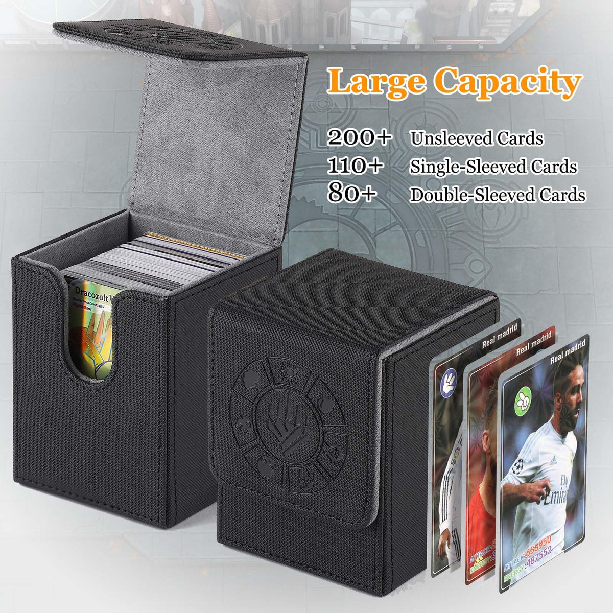 Arkeiliy Card Deck Box, 110+ Storage MTG Deck Box with 50 Pcs Card Sleeve, Collectible Trading Card Cases for Magic Commander and More (Black)