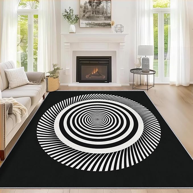 Black and White Circle Rugs for Home Decor, 5x8 ft, Abstract Op Art Area Rugs for Living Room, Soft Non Slip Washable Modern Geometric Carpet Bedroom Decorations Dt-Ghf-31