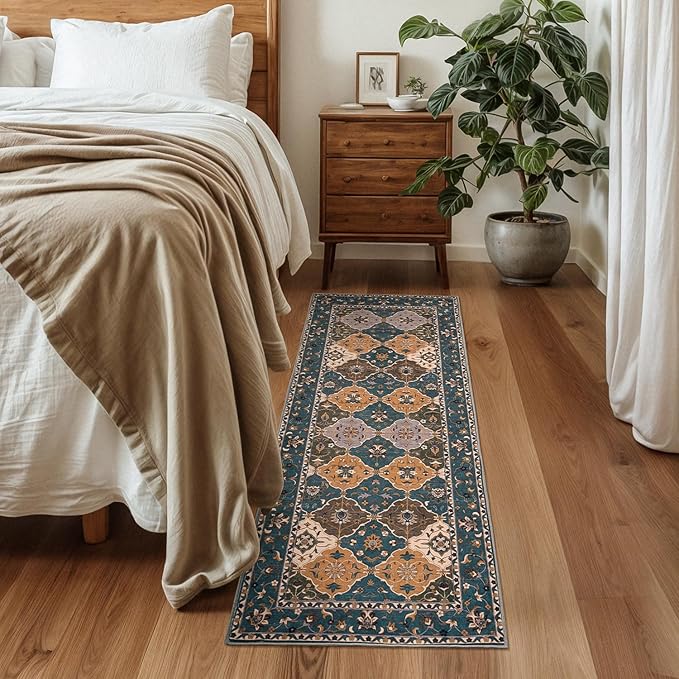 Lessymo Washable Hallway Runner Rug 2x6, Moroccan Faux Wool Runner Rugs Non Slip for Kitchen Entryway Laundry Room Bedroom, Low Pile Multicolor Oriental Rug, Kid & Pet Friendly, Olive Green and Gold