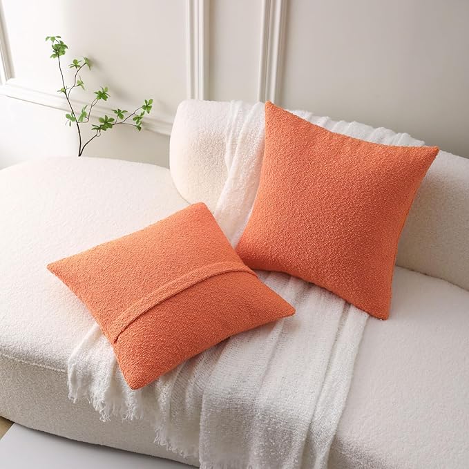 FUTEI Pack of 2 Orange Decorative Throw Pillow Covers 18x18 Inch Soft Cozy Solid Boucle Textured Cushion Case,Modern Home Decor for Couch Bed Living Room