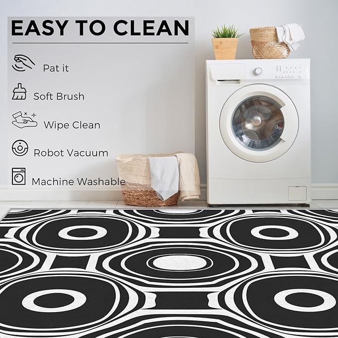Black and White Geometric Rugs for Home Decor, 5x7 ft, Ring Circle Area Rugs for Living Room, Soft Non Slip Washable Modern Abstract Carpet Bedroom Decorations Dt-Ghf-31