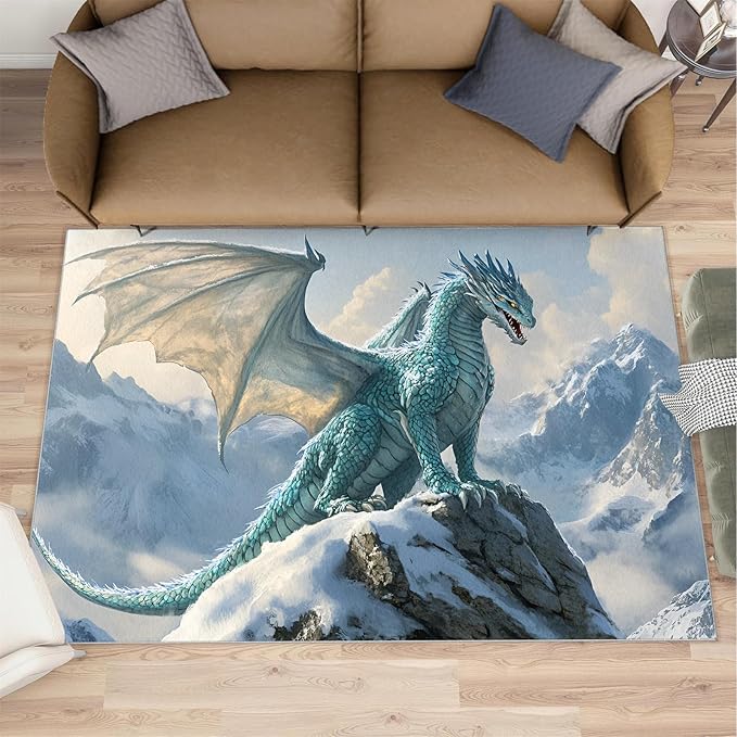 Dragon Area Rug 3x5 Washable Rug Fantasy Animals Rugs for Living Room Winter Landscape Non Slip Carpet Floral Print Mat Bedroom Bathroom