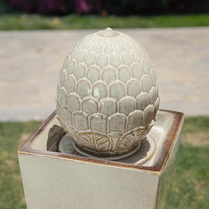Glitzhome Ceramic Outdoor Water Fountain with LED Light, Oversized Artichoke Pedestal Water Fountains with Submersible Pump, Patio Fountain Waterfall for Garden Patio Deck Porch, Sand Beige, 35.75" H